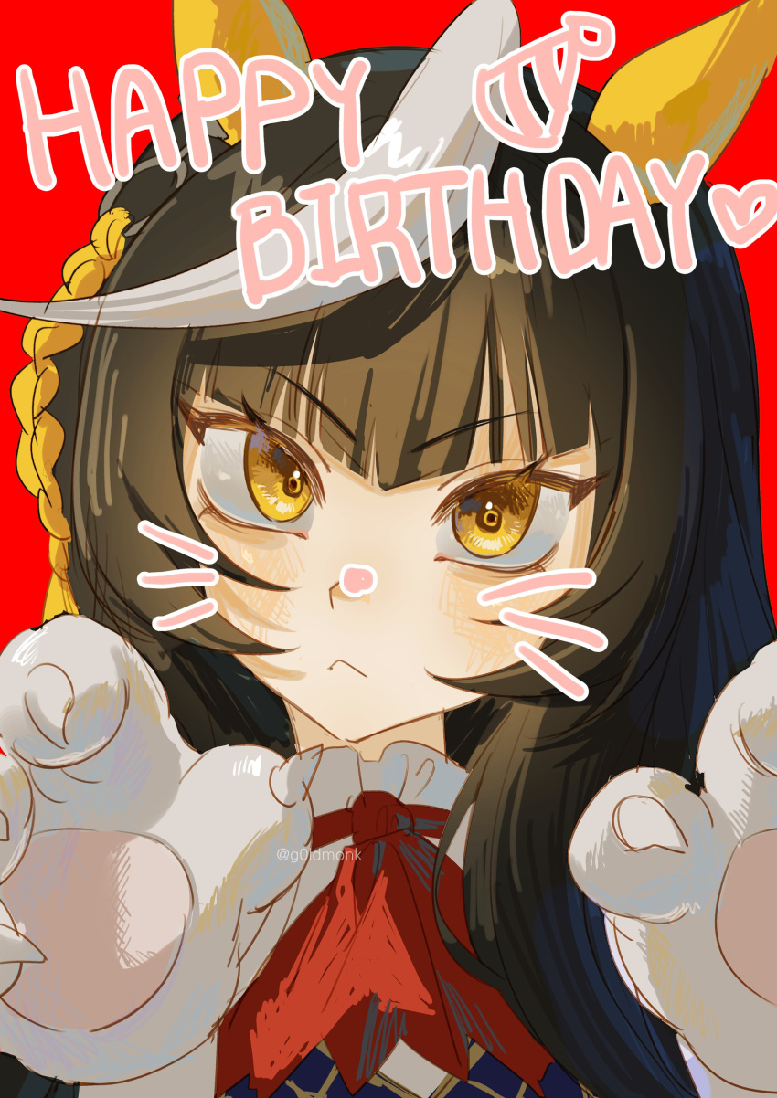 1girl, absurdres, ahoge, animal_ears, animal_hands, ascot, black_hair, blue_jacket