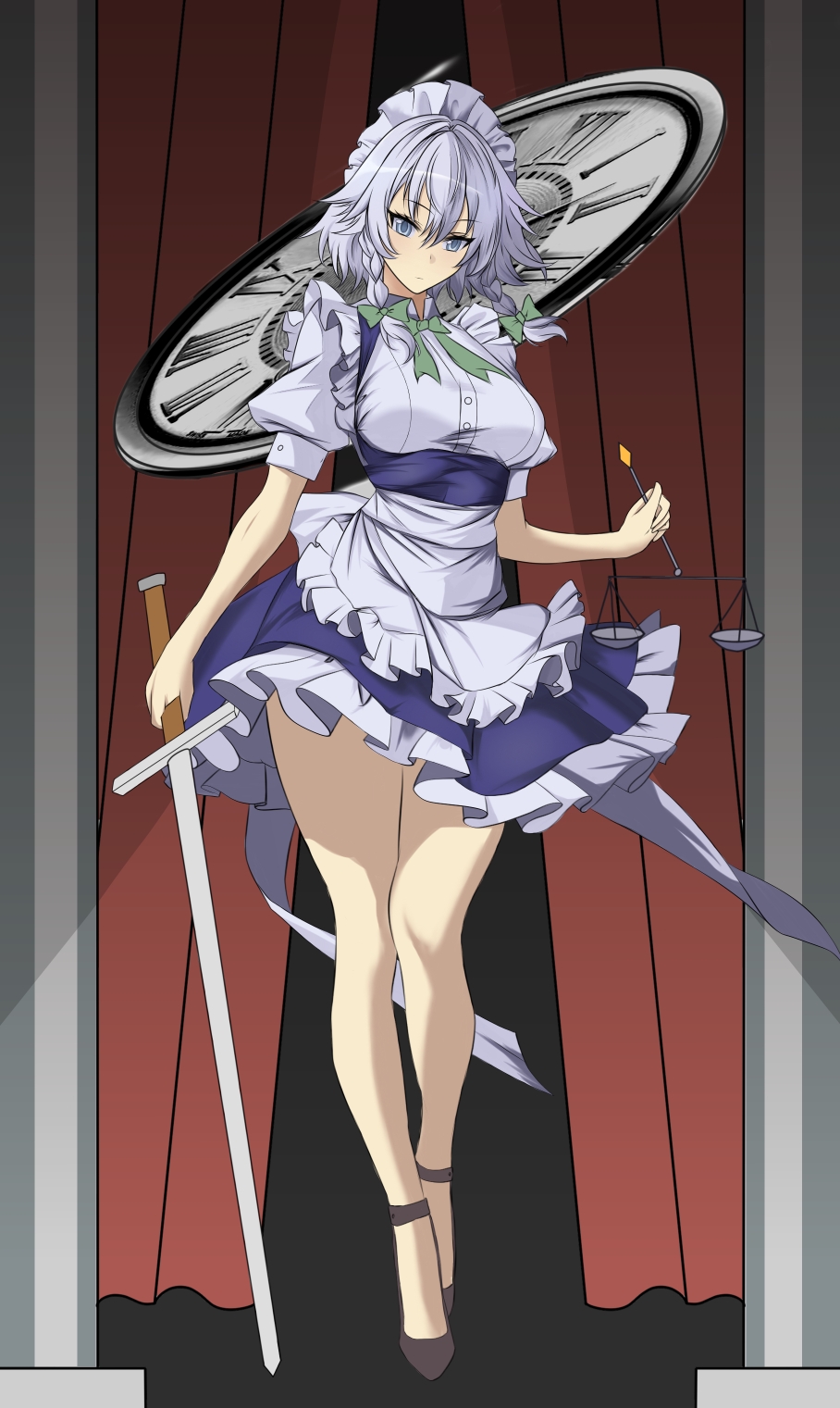 1girl, analog_clock, apron, back_bow, balance_scale, blue_eyes, bow, bowtie