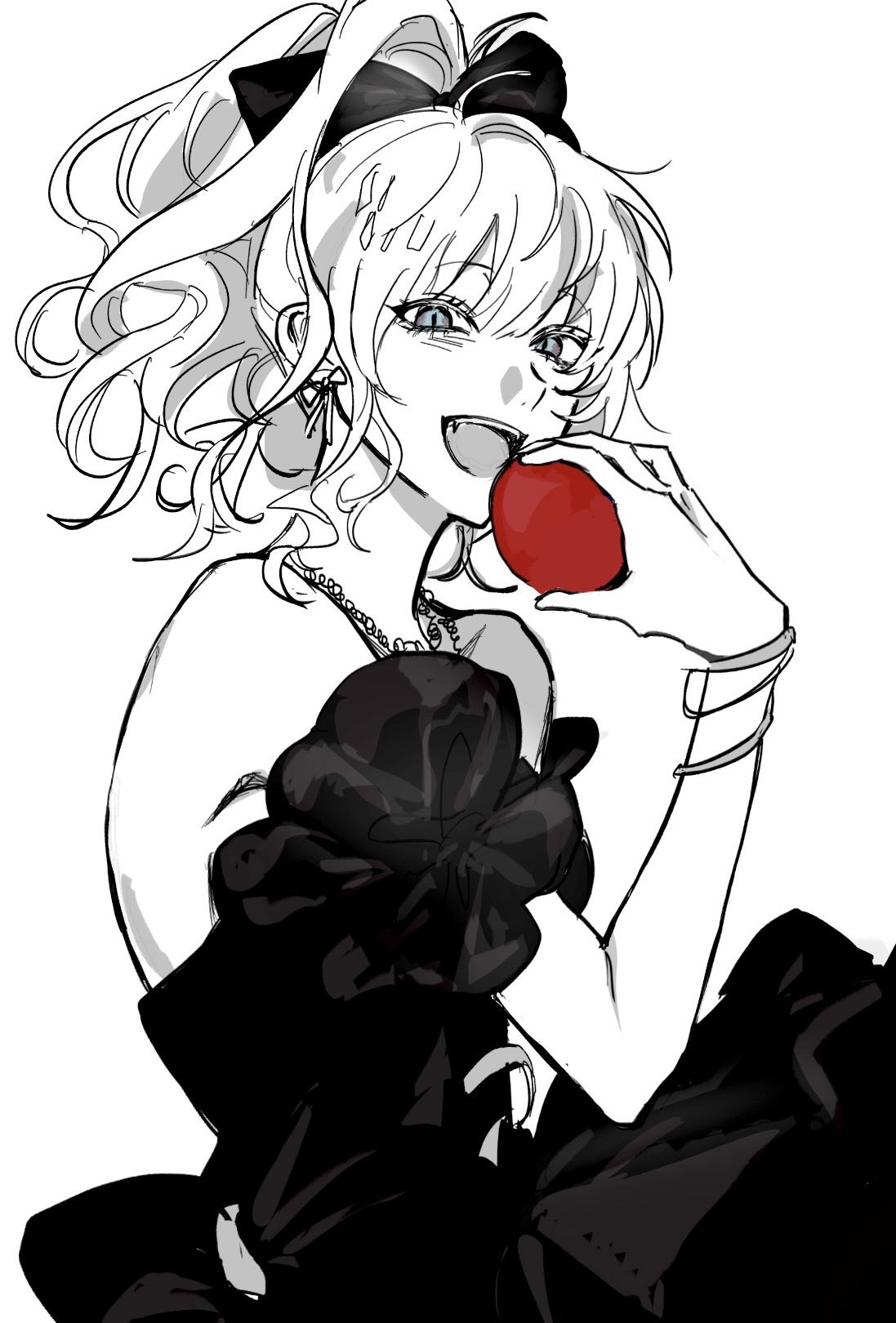 1girl, apple, bare_shoulders, bianca_(path_to_nowhere), black_dress, commentary_request, dress, food, fruit, hair_ribbon, high_ponytail, highres, holding, holding_food, holding_fruit, korean_commentary, looking_at_viewer, nullptrerror, open_mouth, path_to_nowhere, ponytail, ribbon, smile, solo, white_background