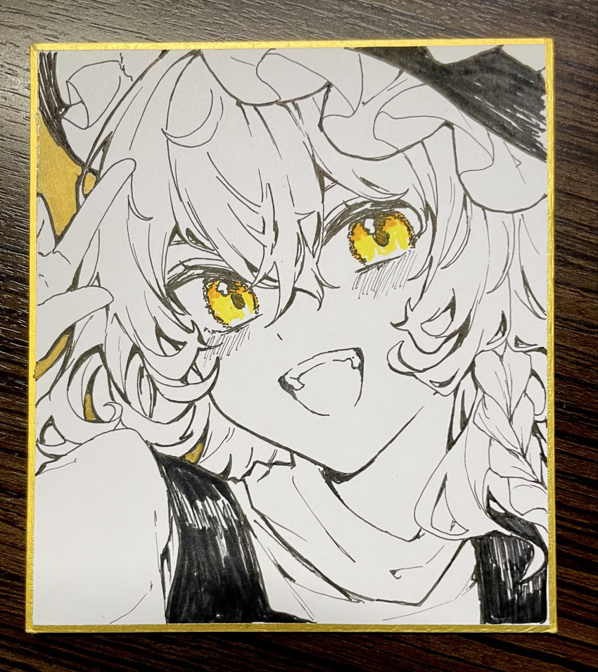 1girl, batory_ken, braid, commentary_request, hat, highres, kirisame_marisa, long_hair, looking_at_viewer, open_mouth, photo_(medium), portrait, shikishi, side_braid, single_braid, smile, solo, spot_color, teeth, touhou, traditional_media, upper_teeth_only, vest, witch_hat, yellow_eyes