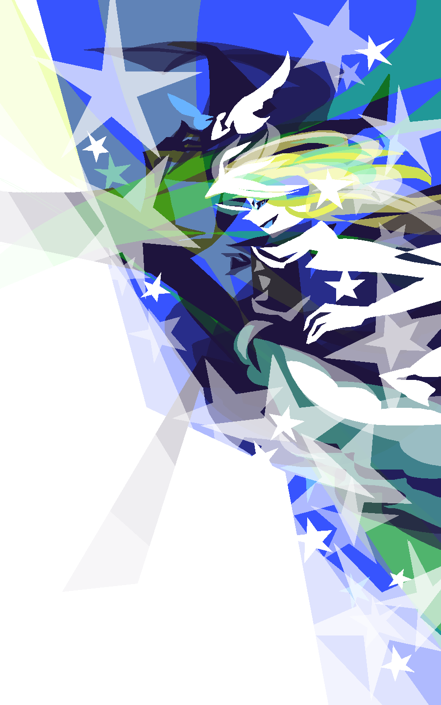 1girl, abstract, blonde_hair, commentary_request, eico, floating_hair, from_side, hand_up