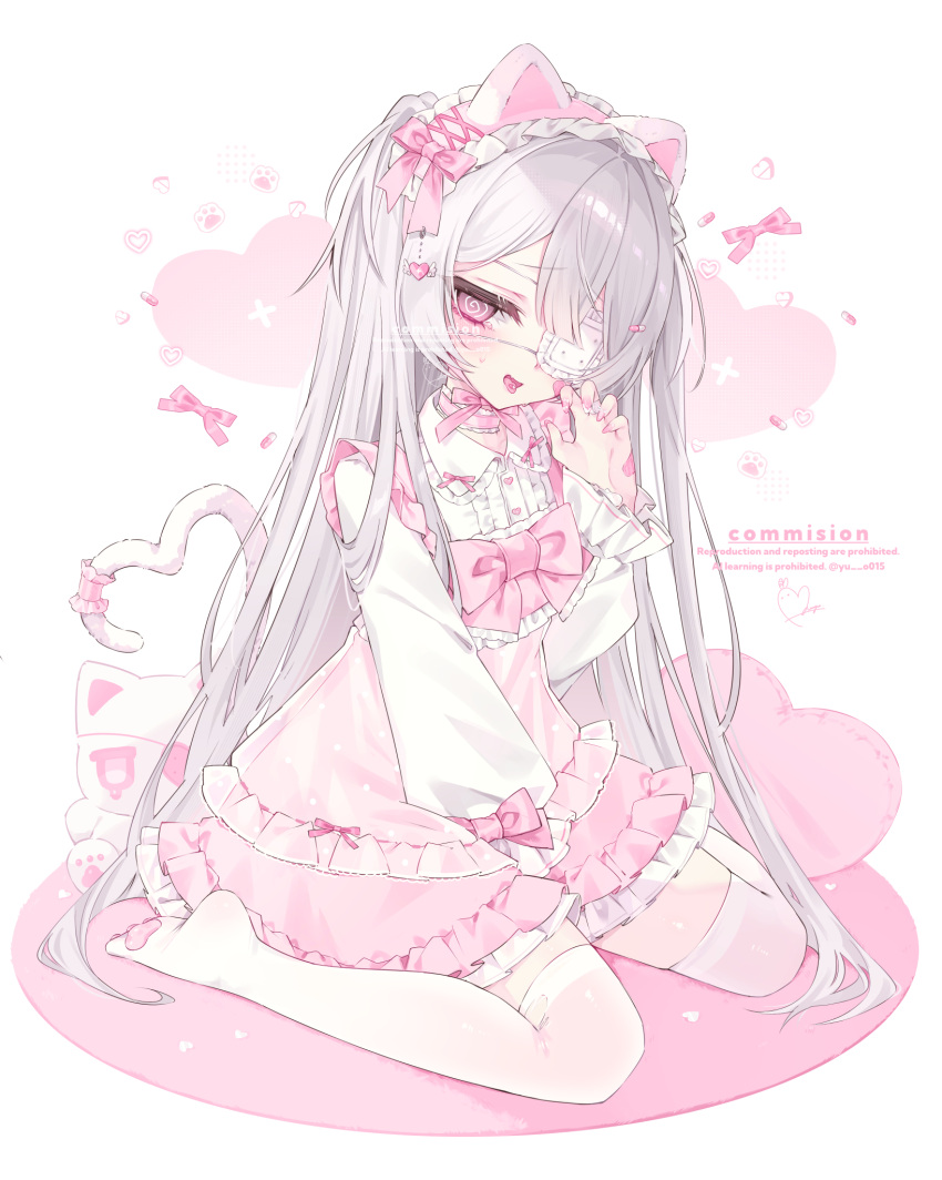 1girl, animal_ear_hairband, animal_ears, bib_collar, bow, bowtie, cat_ears, cat_tail, center_frills, choker, claw_pose, commentary_request, commission, dress, dress_bow, dress_over_shirt, eyepatch, fake_animal_ears, fashion, fingernails, frilled_choker, frilled_dress, frilled_eyepatch, frills, hair_between_eyes, hair_bow, hair_ornament, hair_over_shoulder, hairband, hand_up, heart, heart-shaped_pillow, heart_tail, highres, layered_dress, lolita_hairband, long_hair, medical_eyepatch, nail_art, original, paw_print_soles, pill, pill_hair_ornament, pill_in_mouth, pillow, pink_bow, pink_bowtie, pink_choker, pink_dress, pink_eyes, pink_nails, pink_theme, ringed_eyes, shirt, signature, simple_background, sitting, skeb_commission, sleeve_bow, solo, tail, thigh-highs, tongue, tongue_out, very_long_hair, wariza, watermark, white_background, white_hair, white_shirt, white_thighhighs, yami_kawaii, yu_o015
