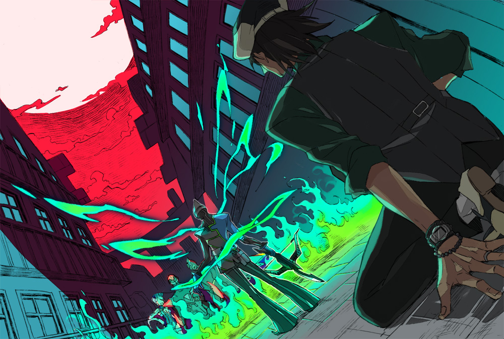 blue_flame, blue_rose_(tiger_&amp;_bunny), bow_(weapon), bracelet, brown_hair, cabbie_hat, crossbow, fire, fire_emblem_(tiger_&amp;_bunny), from_behind, green_fire, green_flame, hat, hiyokko_ep, jewelry, kaburagi_t_kotetsu, karina_lyle, lunatic_(tiger_&amp;_bunny), male, nathan_seymour, power_armor, power_suit, pyrokinesis, ring, short_hair, spoilers, superhero, tiger_&amp;_bunny, vest, waistcoat, watch, weapon, wedding_band, wild_tiger, wristwatch, yuri_petrov