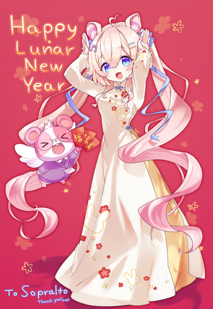 1girl, animal_ears, ao_dai, blonde_hair, blue_eyes, blue_ribbon, commentary, curly_hair