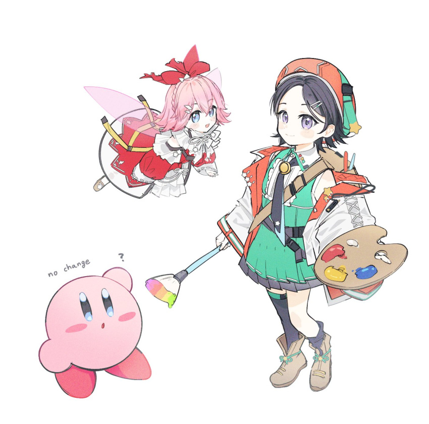 1boy, 2girls, adeleine, ado_(kirby), alternate_costume, beret, blue_eyes, bow