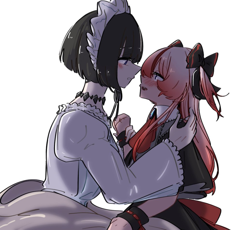 2girls, alt_text, black_bow, black_dress, black_hair, blush, bow, chinese_commentary