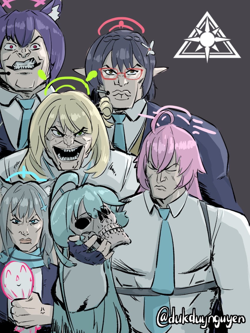 1other, 6+girls, abydos_high_school_logo, ahoge, animal_ear_fluff, animal_ears, ayane_(blue_archive), blue_archive