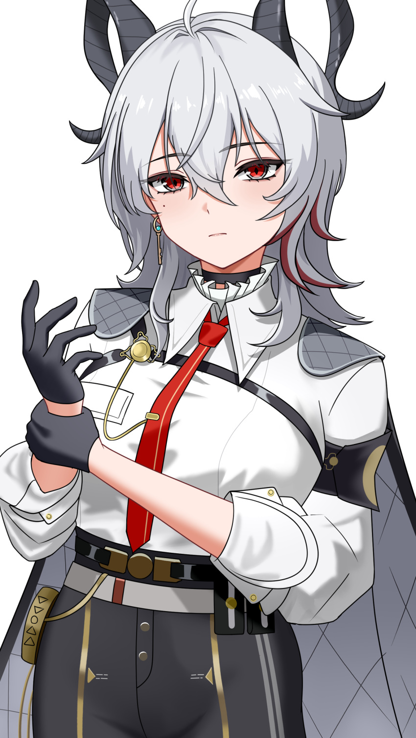 1girl, absurdres, armband, black_choker, black_gloves, black_horns, black_jacket, black_pants