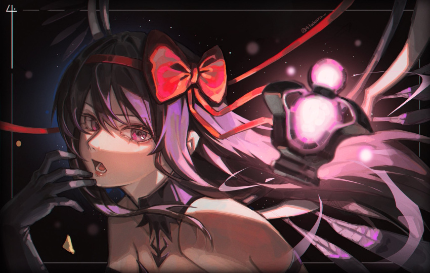 1girl, akemi_homura, akuma_homura, bare_shoulders, black_background, black_gloves, black_wings, bow, commentary, dark_orb_(madoka_magica), english_commentary, gloves, hair_ribbon, highres, long_hair, mahou_shoujo_madoka_magica, open_mouth, red_bow, red_ribbon, ribbon, shitakara4, solo, wings