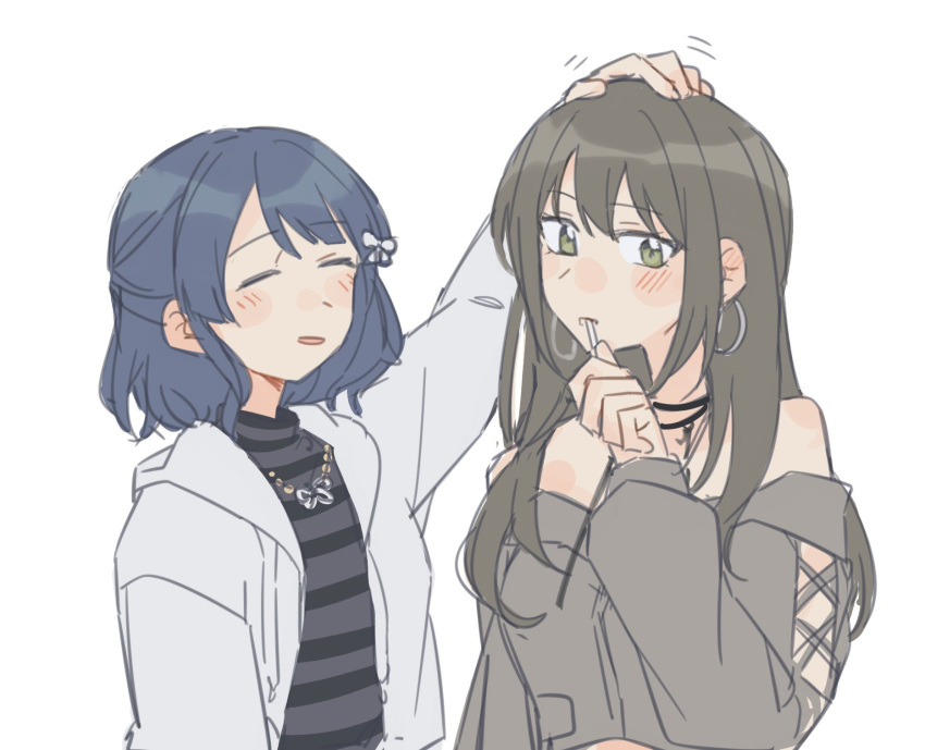 2girls, animal_ears, bang_dream!, bang_dream!_our_notes, blue_hair, brown_hair, closed_eyes, green_eyes