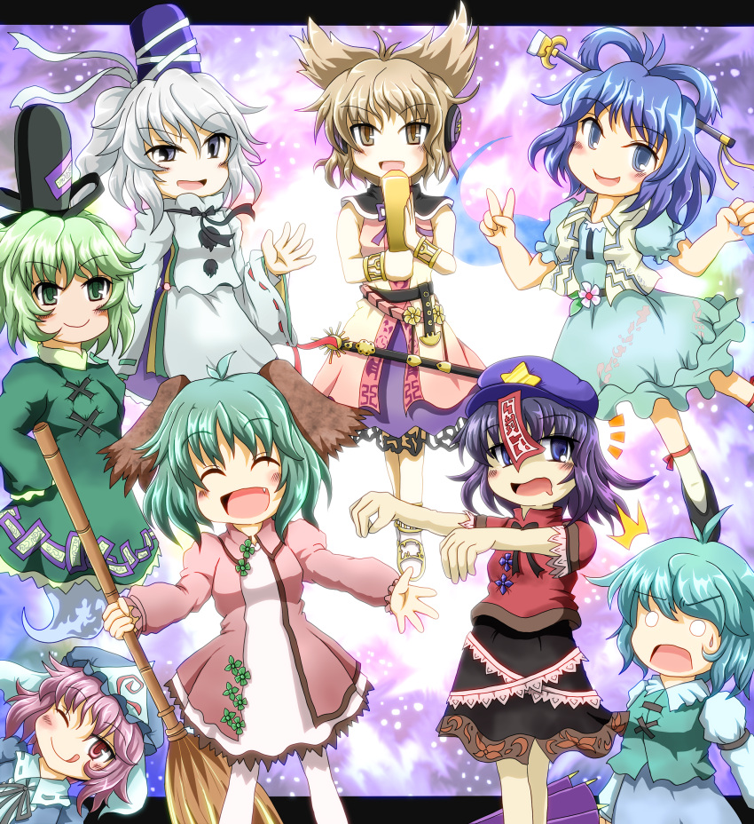 :p, :q, absurdres, animal_ears, bamboo_broom, blue_eyes, blue_hair, blush