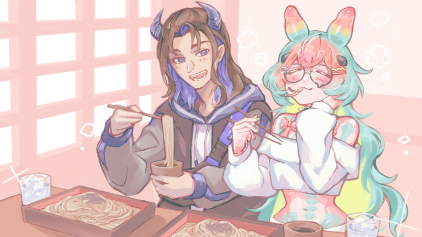 :3, antennae, artist_request, blue_hair, blush, bone, brown_hair, chopsticks