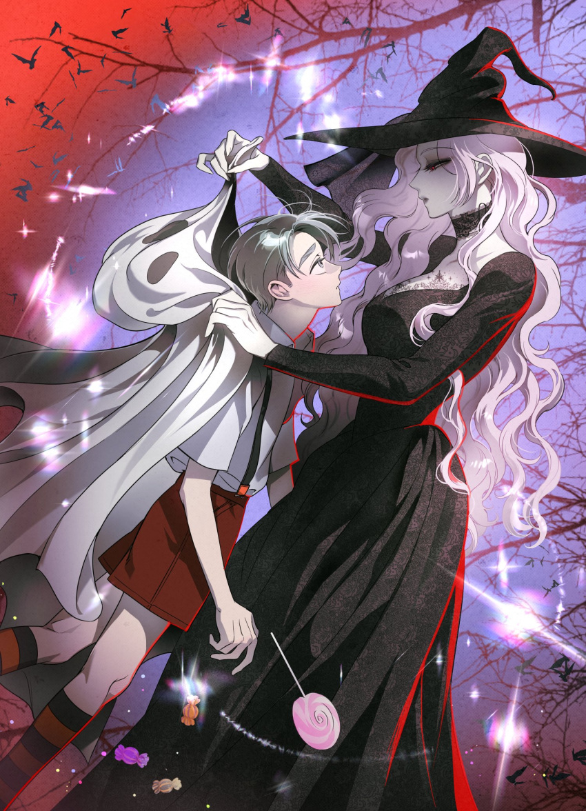 1boy, 1girl, bat_(animal), black_choker, black_dress, black_eyeshadow, black_hat, candy