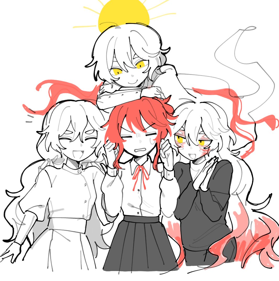 4girls, :d, ^_^, arm_rest, arms_on_head, black_jacket, black_pants, black_skirt, buttoned_cuffs, buttons, c:, charlotte_wiltshire_(oracle), charlotte_wiltshire_(q84), charlotte_wiltshire_(v19), clenched_hands, clenched_teeth, closed_eyes, collared_shirt, commentary_request, cowboy_shot, downturned_eyes, dress_shirt, frustrated, hair_ribbon, halo, hands_up, hello_charlotte, high_ponytail, jacket, leaning_on_person, long_hair, looking_at_another, looking_to_the_side, low_twintails, messy_hair, multiple_girls, multiple_persona, nabob, neck_ribbon, open_mouth, own_hands_together, pants, pleated_skirt, ponytail, red_ribbon, ribbon, scar, scar_on_face, scarlett_eyler, shirt, short_hair, sidelocks, simple_background, skirt, smile, smug, sweatdrop, teeth, tendril, thai_commentary, turtleneck, turtleneck_shirt, twintails, white_background, white_hair, white_ribbon, white_shirt, white_skirt, yellow_eyes, yellow_halo