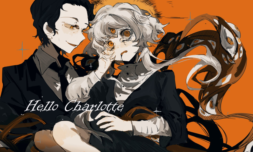 1boy, 1girl, @_@, age_difference, black_dress, black_hair, black_jacket, black_necktie