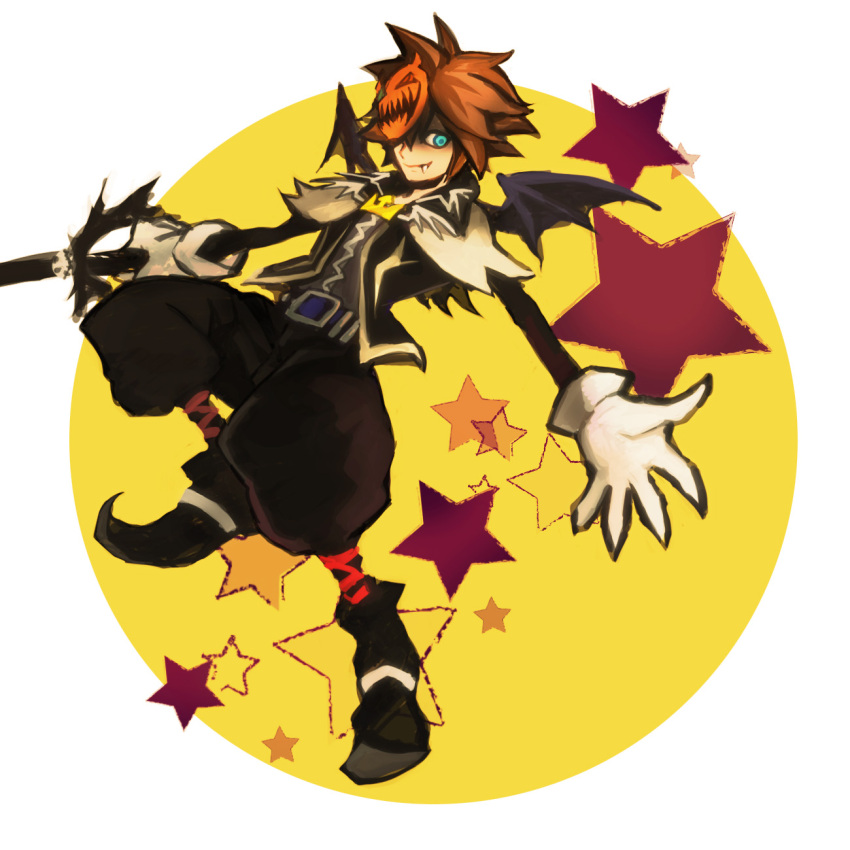 alternate_costume, bad_id, blue_eyes, boots, brown_hair, colt-slowl, fang, gloves, highres, keyblade, kingdom_hearts, male, solo, sora_(kingdom_hearts)