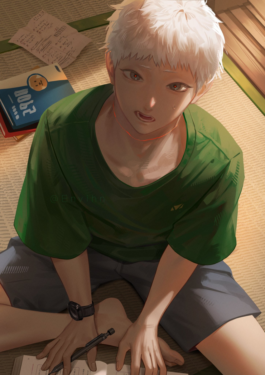 1boy, barefoot, english_commentary, envihn, foot_out_of_frame, green_shirt, highres, hikaru_ga_shinda_natsu, holding, holding_pencil, indoors, indou_hikaru, looking_at_viewer, male_focus, open_mouth, pencil, red-eye_effect, shirt, short_hair, short_sleeves, shorts, sitting, solo, twitter_username, watch, white_hair