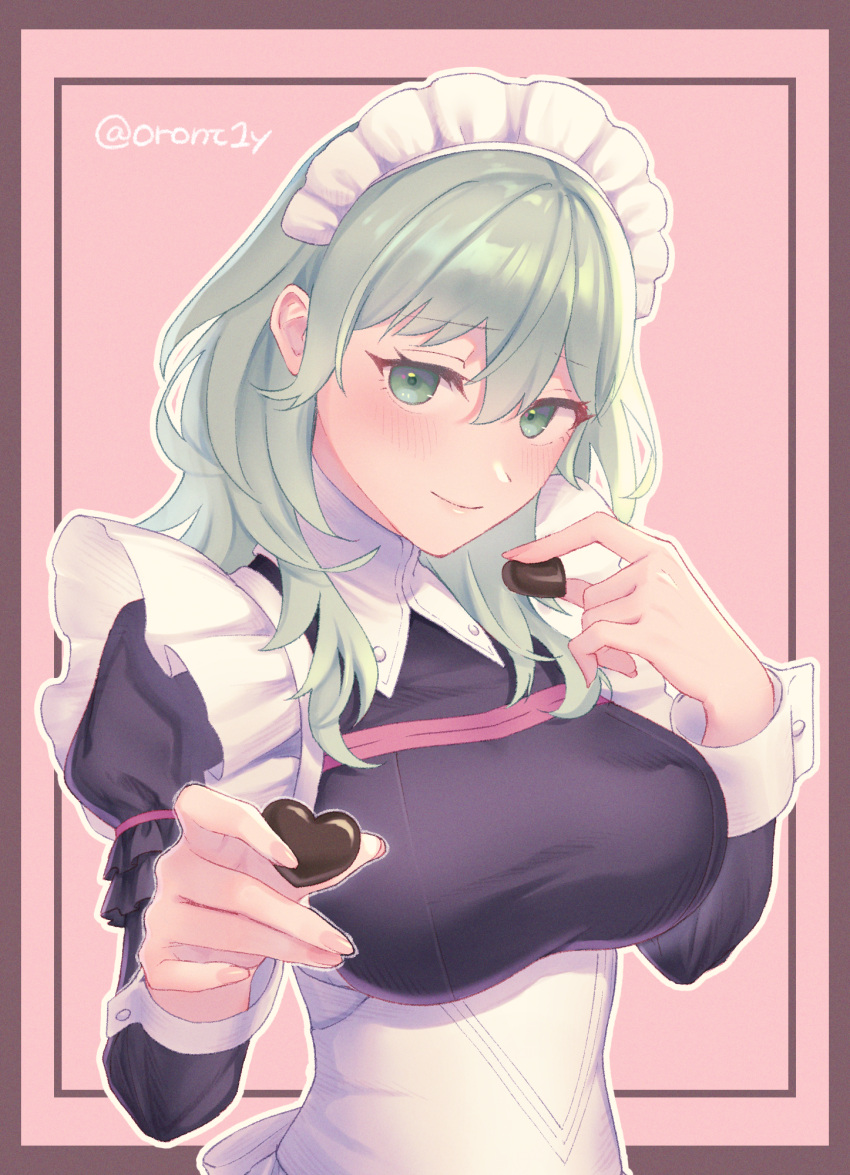 1girl, alternate_costume, black_dress, breasts, candy, chocolate, closed_mouth, commentary_request, dress, enmaided, female_byleth_(awakened)_(fire_emblem), female_byleth_(fire_emblem), fire_emblem, fire_emblem:_three_houses, food, frilled_dress, frills, green_eyes, green_hair, heart, heart-shaped_chocolate, heart-shaped_food, highres, holding, holding_chocolate, holding_food, incoming_food, large_breasts, long_sleeves, looking_at_viewer, maid, maid_headdress, medium_hair, official_alternate_hair_color, orio_(oront1y), puffy_long_sleeves, puffy_sleeves, smile, solo, white_wrist_cuffs, wrist_cuffs