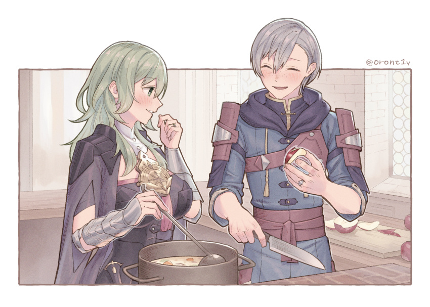 1boy, 1girl, apple, armor, ashe_ubert, ashe_ubert_(timeskip), black_armor, breastplate