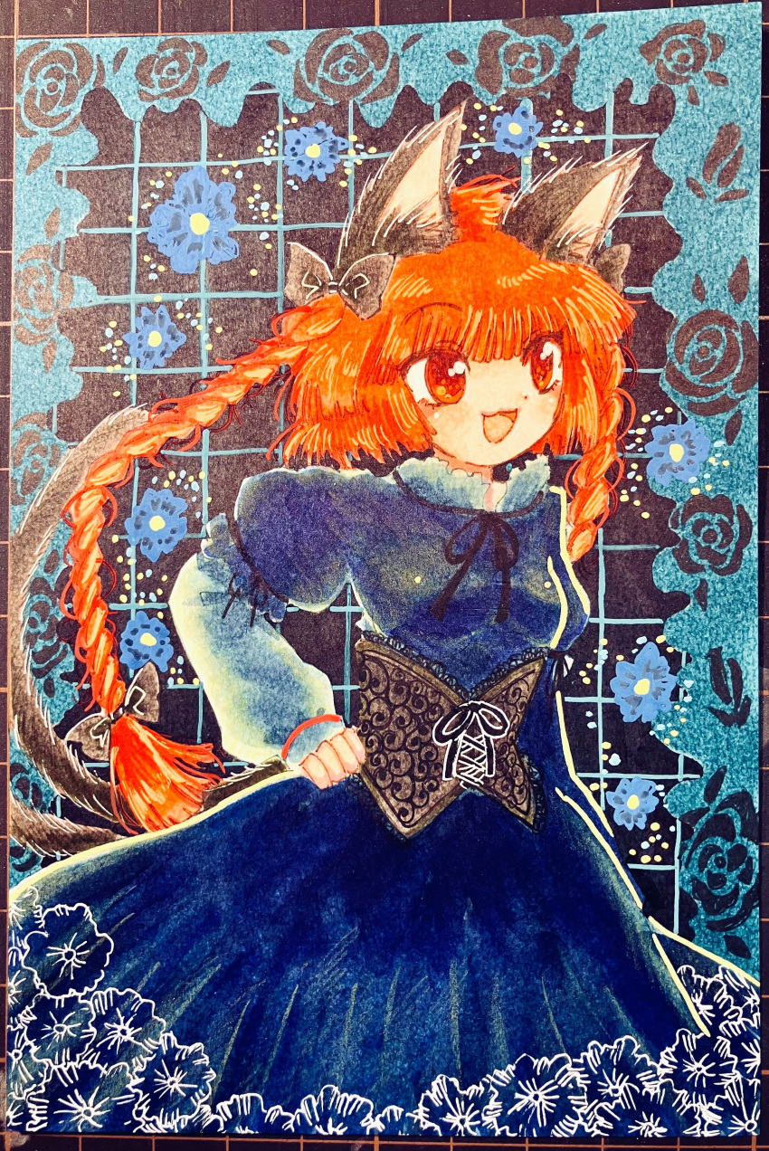 1girl, :3, absurdres, animal_ears, black_dress, blue_flower, braid, breasts