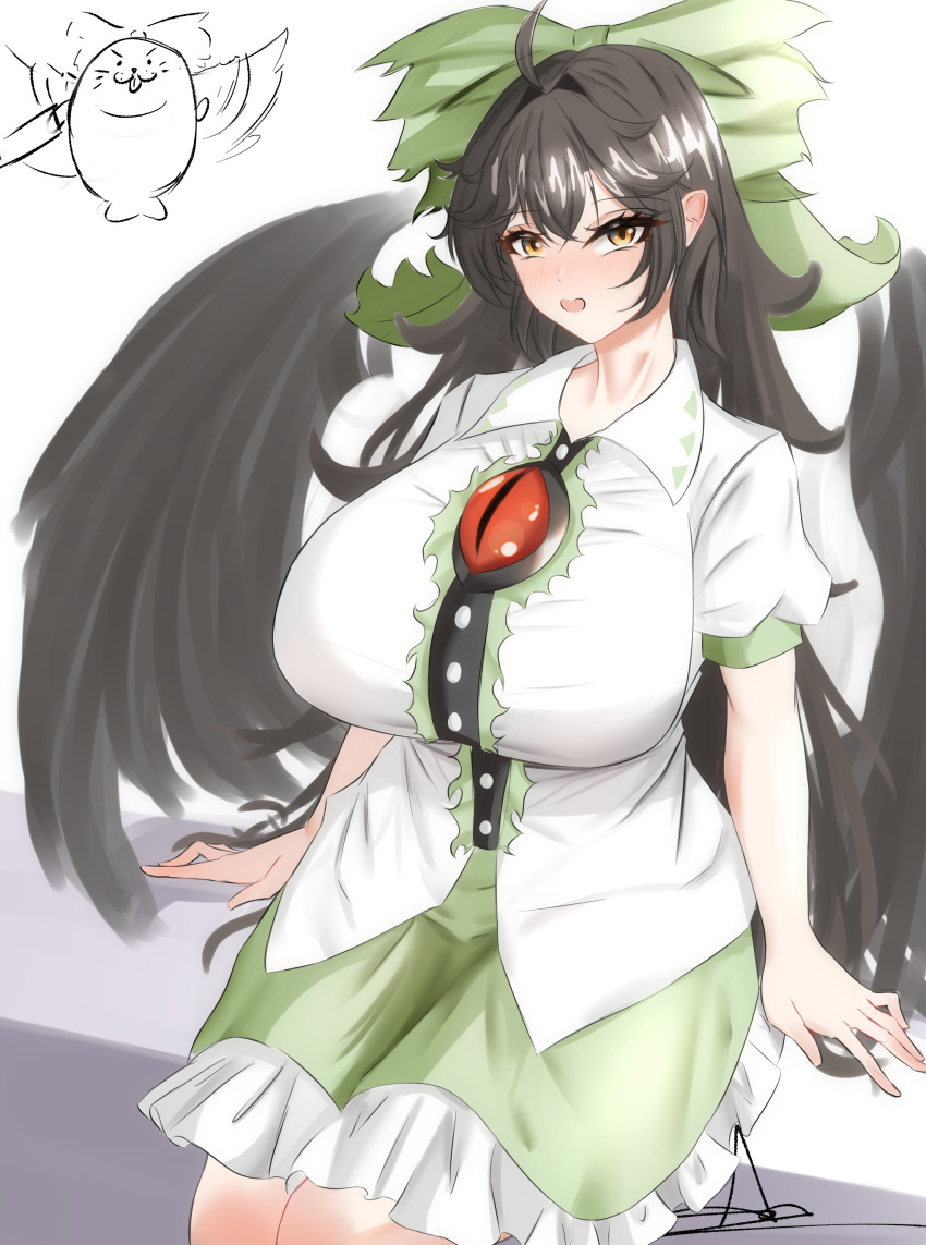 absurdres, alternate_breast_size_(larger), animalization, artist_name, bird_wings, black_hair, black_wings, bow
