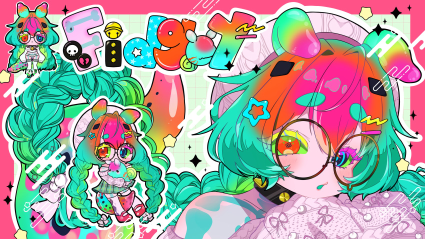 1girl, absurdres, artist_request, bone, braid, character_name, chibi, chibi_only