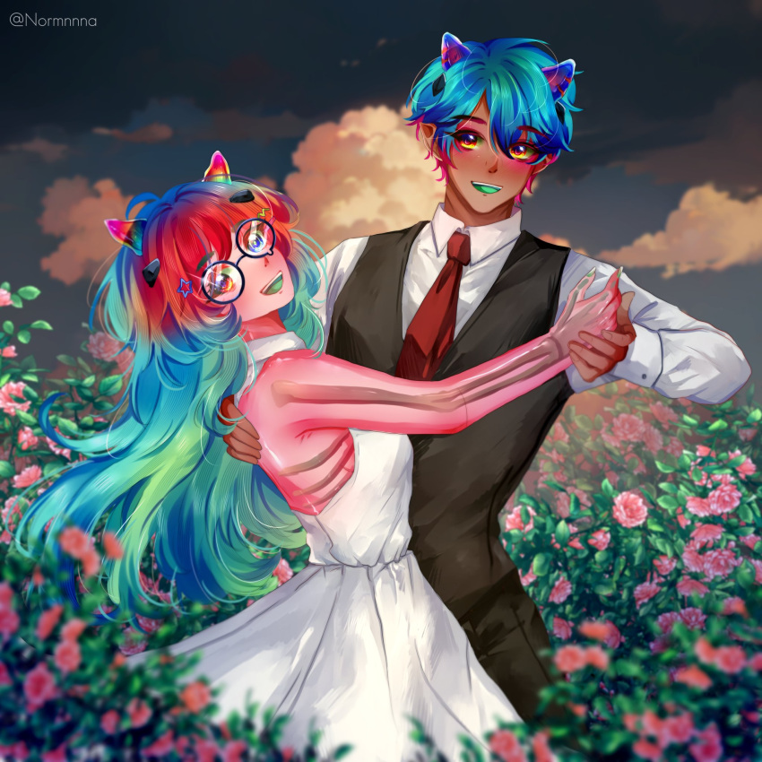 1boy, 1girl, blue_hair, clouds, commentary, commission, commissioner_upload, dark-skinned_male