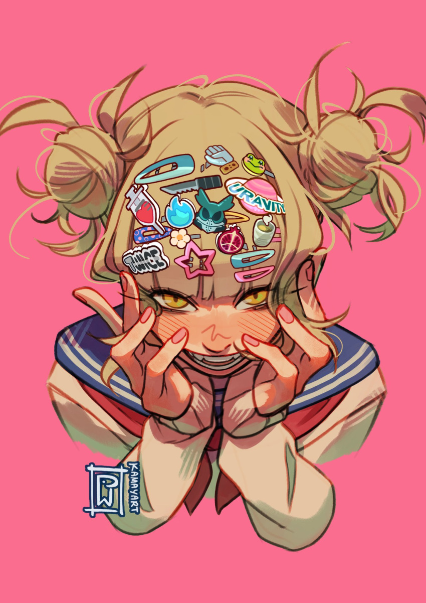 1girl, artist_name, blonde_hair, boku_no_hero_academia, cardigan, character_hair_ornament, commentary, cropped_shoulders
