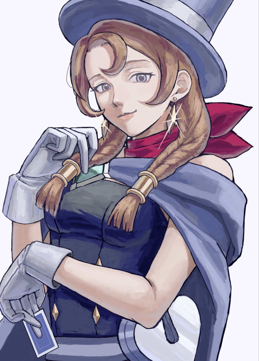1girl, ace_attorney, apollo_justice:_ace_attorney, bare_shoulders, belt, blue_cape, braid, breasts, brown_hair, cape, card, closed_mouth, commentary_request, dress, earrings, gloves, grey_eyes, grey_gloves, hat, highres, holding, holding_card, jewelry, lamiroir_(ace_attorney), long_hair, looking_at_viewer, magician, medium_breasts, playing_card, pouch, purple_cape, red_scarf, scarf, shiro4427, shirt, simple_background, smile, solo, top_hat, twin_braids, upper_body, white_background, white_gloves
