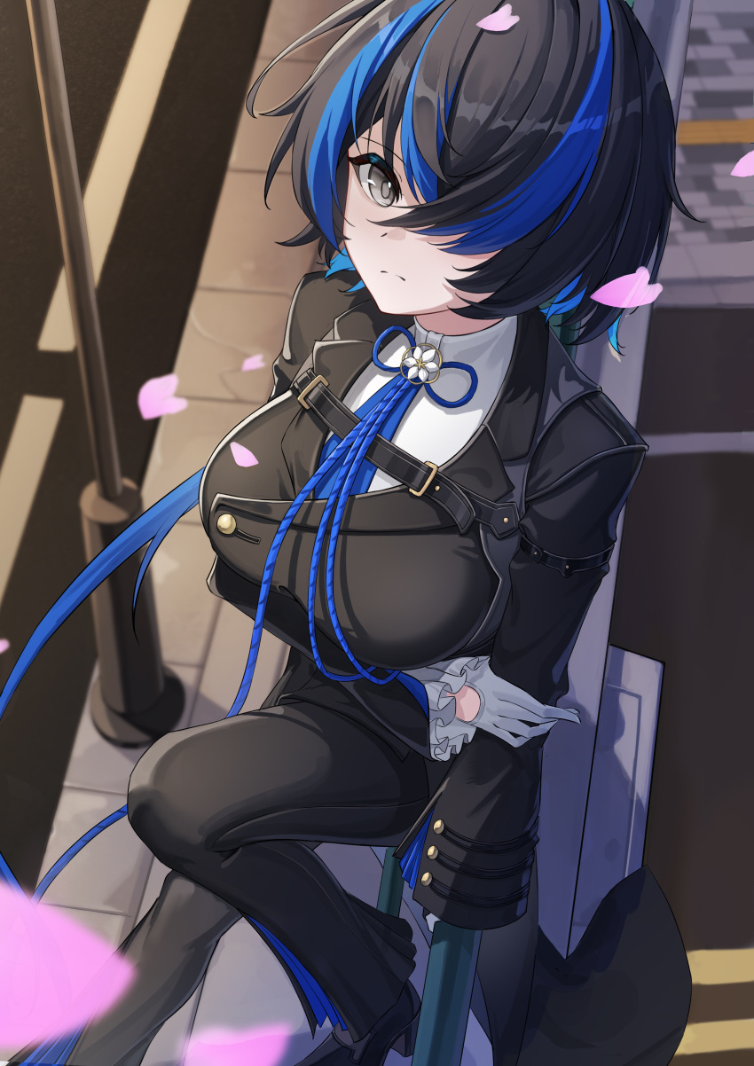 1girl, absurdres, black_eyes, black_hair, black_jacket, black_pants, black_shoes, blue_hair