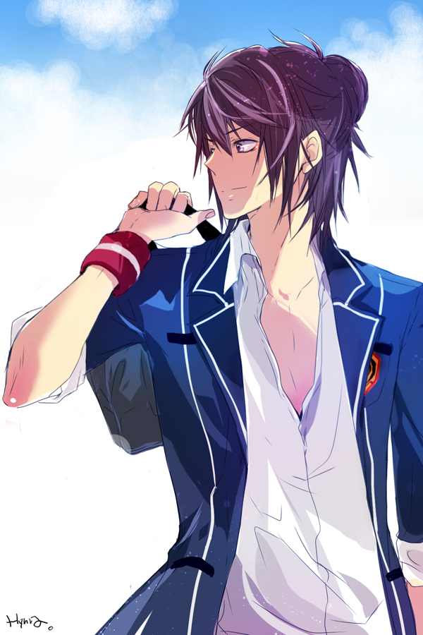 alternate_costume, alternate_hairstyle, black_hair, brow_hair, contemporary, hair, hair_bun, hyura1004, male, purple_eyes, shirt, short, smile, solo, tales_of_(series), tales_of_vesperia, violet_eyes, yuri_lowell