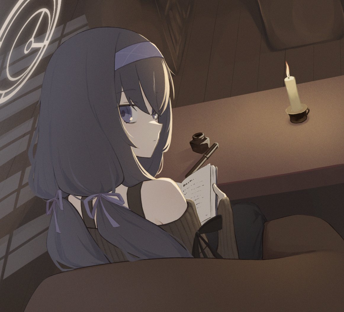 1girl, black_hair, black_skirt, black_sweater, blue_archive, book, bow, bra