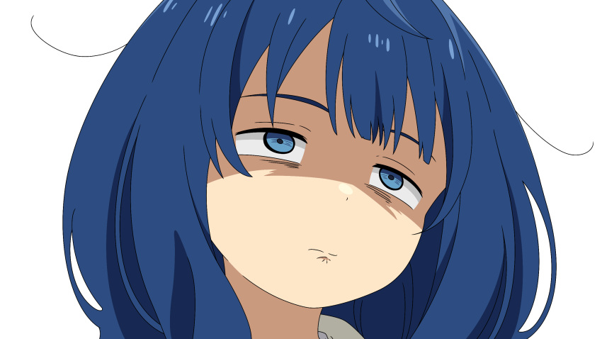 1girl, annoyed, blue_eyes, blue_hair, blunt_bangs, closed_mouth, commentary, eyebrows_hidden_by_hair