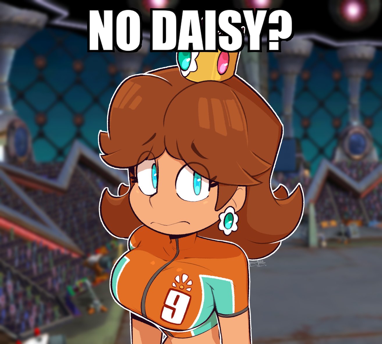 1girl, blue_eyes, blurry, blurry_background, breasts, brown_hair, closed_mouth, crop_top, crown, earrings, gogomrdodo, jewelry, large_breasts, mario_strikers_(series), meme, mini_crown, no_bitches?_(meme), official_alternate_costume, princess_daisy, soccer_uniform, solo, sportswear, stadium, super_mario_bros., super_mario_strikers, taut_clothes, upper_body