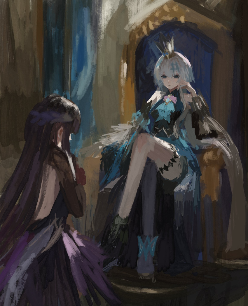 00_ooc, 2girls, asymmetrical_footwear, backless_dress, backless_outfit, bare_shoulders, black_hair, blue_dress, blue_eyes, cerydra_(honkai:_star_rail), crossed_legs, crown, dress, expressionless, facing_away, highres, honkai:_star_rail, honkai_(series), hysilens_(honkai:_star_rail), kneeling, long_hair, looking_at_another, mismatched_footwear, multiple_girls, on_throne, purple_dress, thigh_strap, throne, white_hair