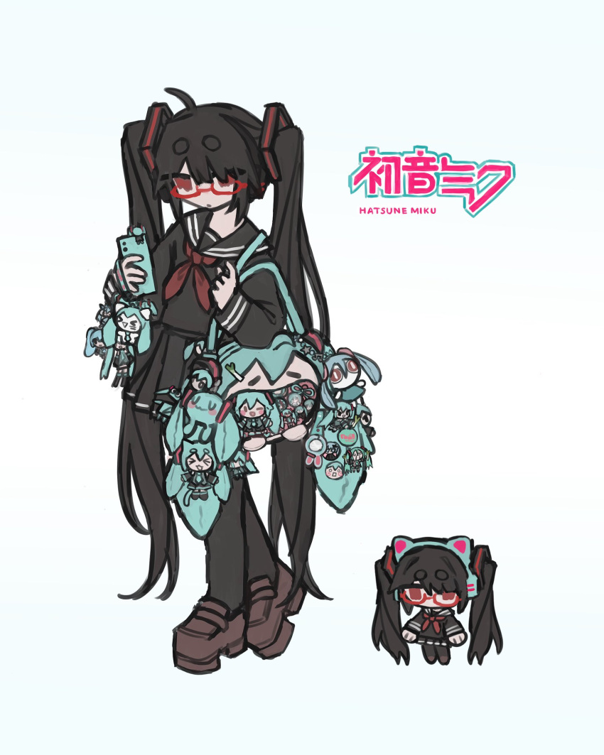 1girl, aimaina, animal_ear_headphones, animal_ears, badge, black_hair, black_pantyhose, black_sailor_collar