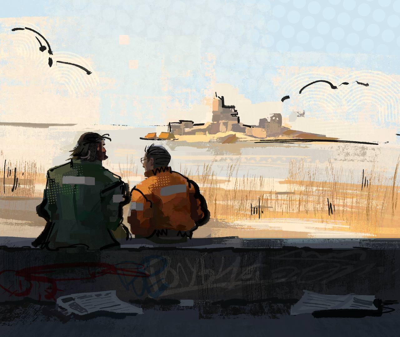 2boys, black_hair, blazer, bomber_jacket, d0vvee, disco_elysium, facing_away, from_behind, graffiti, green_jacket, harry_du_bois, horizon, island, jacket, kim_kitsuragi, multiple_boys, orange_jacket, outdoors, reeds, round_eyewear, sitting, textless_version, water, wide_shot