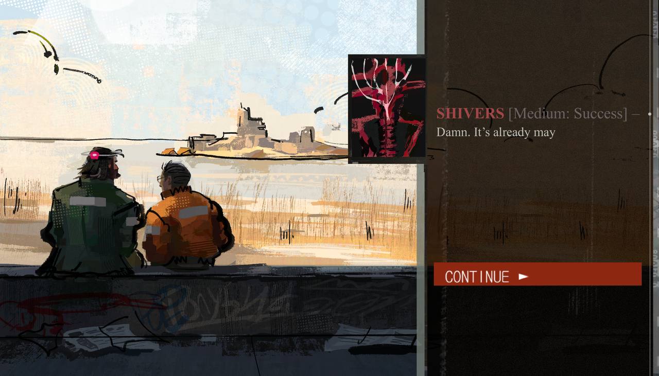 2boys, black_hair, blazer, bomber_jacket, commentary, d0vvee, disco_elysium, english_text, facing_away, from_behind, graffiti, green_jacket, harry_du_bois, horizon, island, jacket, kim_kitsuragi, multiple_boys, orange_jacket, outdoors, reeds, round_eyewear, shivers_(disco_elysium), sitting, water, wide_shot