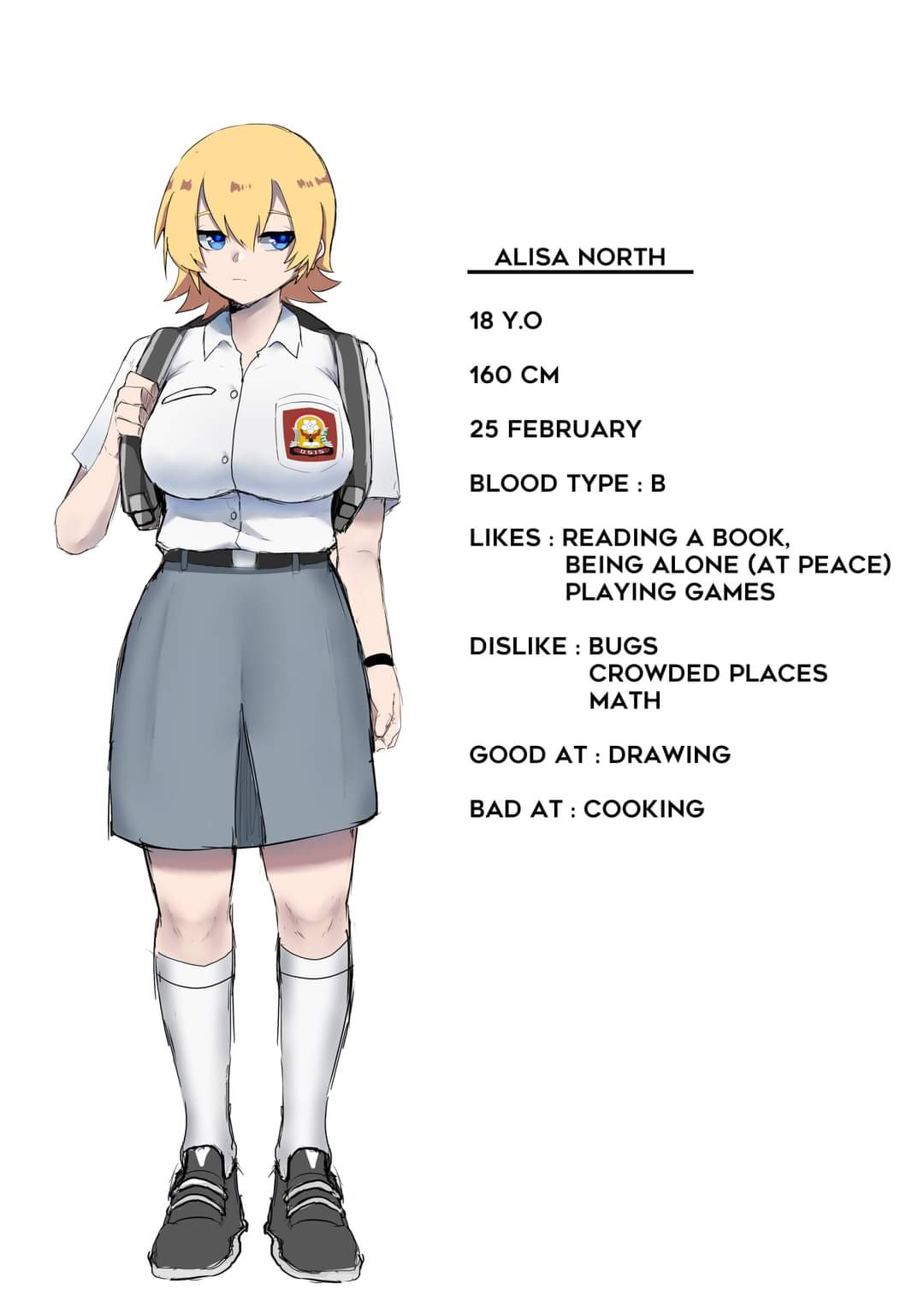 1girl, :|, alisa_north_(headphone071), arm_at_side, backpack, bad_id, bad_twitter_id, bag