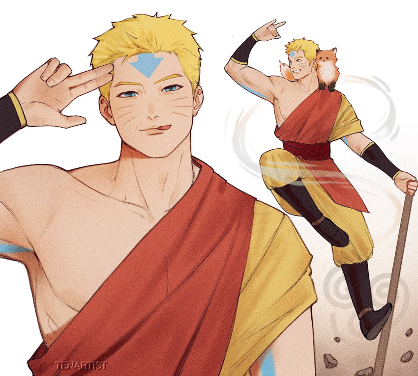 1boy, aang, aang_(cosplay), arrow_(symbol), arrow_tattoo, avatar:_the_last_airbender, avatar_legends, blonde_hair