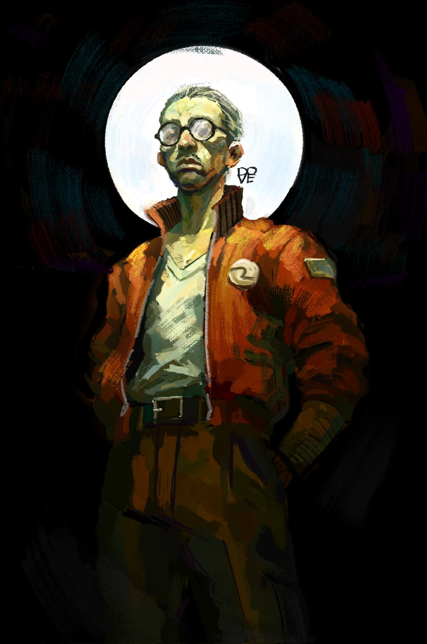 1boy, arm_hair, belt, bomber_jacket, buzz_cut, cowboy_shot, d0vvee, disco_elysium