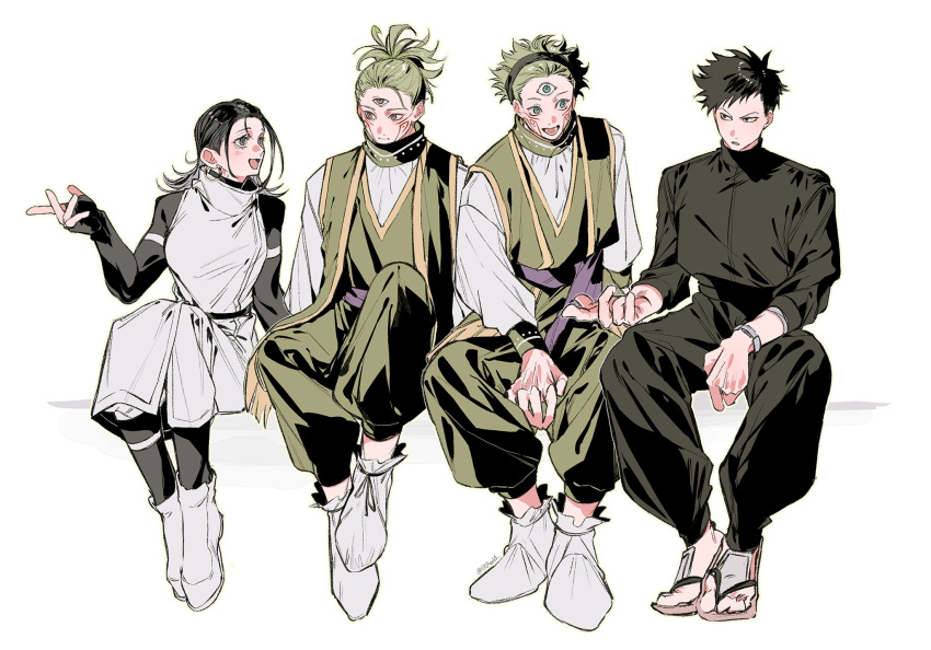 1girl, 3boys, alien, black_gloves, black_hair, blue_eyes, brown_eyes, closed_mouth