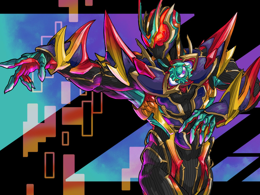 1boy, armor, bodysuit, capsems, commentary_request, exdreamrise_capsem, helmet, highres, kamen_rider, kamen_rider_zeztz, kamen_rider_zeztz_(series), kamen_rider_zeztz_exdream, male_focus, red_eyes, rider_belt, solo, spikes, tokusatsu, upper_body, yamanaka_man, zeztz_exdream_driver
