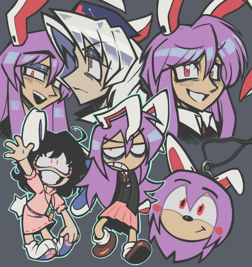 6+girls, animal_ears, bags_under_eyes, black_hair, cartoonized, chibi, chibi_inset, grey_eyes
