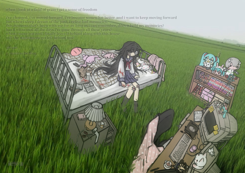 1girl, akiyama_mio, all_about_lily_chou-chou, ayanami_rei, bandage_roll, black_eyes, black_hair, black_socks