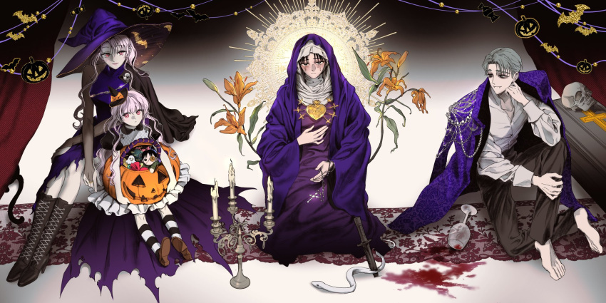 1boy, 3girls, barefoot, black_boots, black_eyes, black_eyeshadow, black_hair, blue_dress, blue_hat, blue_shawl, boots, brother_and_sister, brown_pants, brown_shoes, candle, cape, child, christianity, closed_mouth, coffin, commentary, cosplay, cross, cup, dress, drinking_glass, eilie_(witch's_island), english_commentary, eyeshadow, fangs, fingerless_gloves, floating, flower, flower_request, gloves, grey_eyes, grey_hair, halloween, halo, halo_behind_head, hannah_(witch's_island), hat, highres, holding_rosary, ian_(witch's_island), isabella_(witch's_island), jack-o'-lantern, long_hair, makeup, mini_hat, mother_and_child, mother_and_daughter, mother_and_son, multiple_girls, official_alternate_hair_color, orange_flower, pants, parent_and_child, pink_hair, ppotatornado, puffy_short_sleeves, puffy_sleeves, purple_cape, purple_dress, red_eyes, saint, shawl, shirt, shoes, short_hair, short_sleeves, siblings, sitting, skull, smile, snake, socks, spilled_drink, striped_clothes, striped_socks, the_bible, torn_cape, torn_clothes, untranslatable_commentary, virgin_mary, virgin_mary_(cosplay), wavy_hair, white_shirt, wine_glass, witch, witch's_island