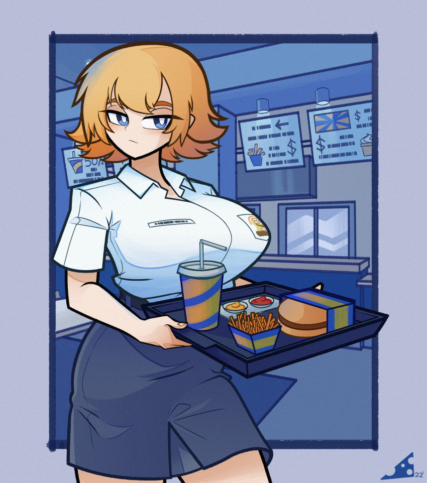 1girl, :/, absurdres, alisa_north_(headphone071), artist_logo, black_skirt, blonde_hair, blue_eyes, borrowed_character, breasts, bright_pupils, burger, cheesemonger18, collared_shirt, commentary, cowboy_shot, cup, disposable_cup, double-parted_bangs, dress_shirt, drinking_straw, english_commentary, fast_food, flipped_hair, food, french_fries, gift_art, high-waist_skirt, highres, holding, holding_tray, indonesian_high_school_uniform, indoors, lamp, large_breasts, logo, original, sauce, school_uniform, shirt, shirt_tucked_in, short_hair, short_sleeves, skirt, solo, tray, white_pupils, white_shirt, wing_collar
