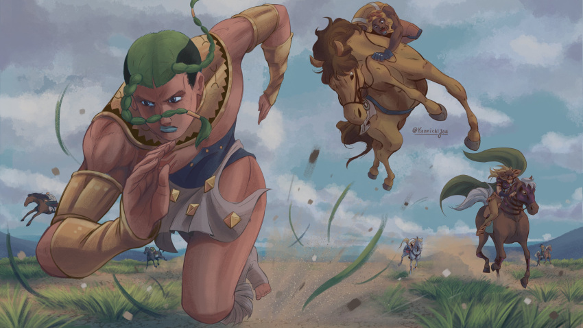 absurdres, bridal_gauntlets, brown_loincloth, cowboy_hat, grills, gyro_zeppeli, hat, headdress
