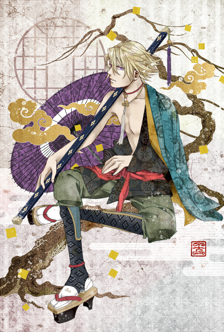 bare_shoulders, blonde_hair, genjiguruma, geta, higuro, ivan_karelin, japanese_clothes, katana