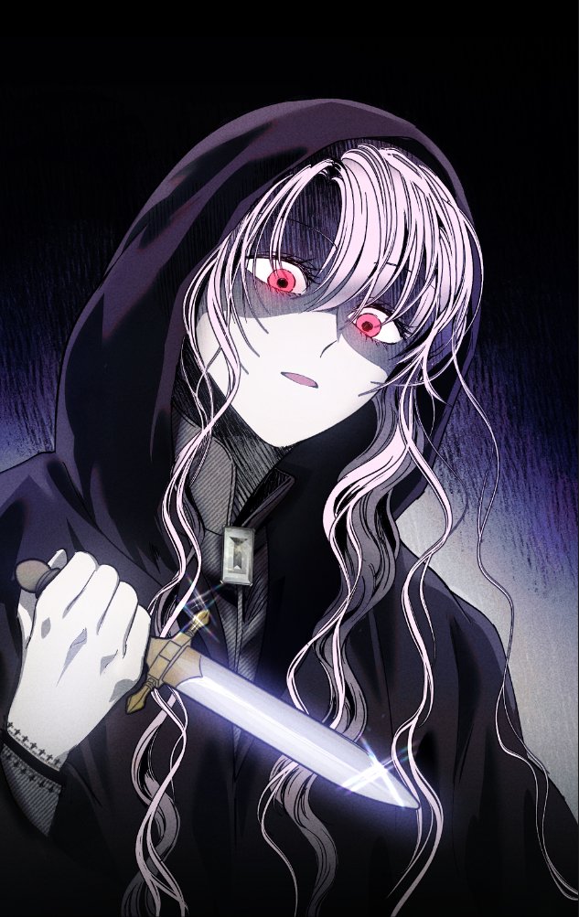 1girl, black_cloak, black_hood, blue_background, cloak, commentary_request, eilie_(witch's_island), holding, holding_knife, hood, hood_up, hooded_cloak, knife, korean_commentary, long_hair, official_art, pink_hair, ppotatornado, red_eyes, shaded_face, solo, upper_body, wavy_hair, witch's_island
